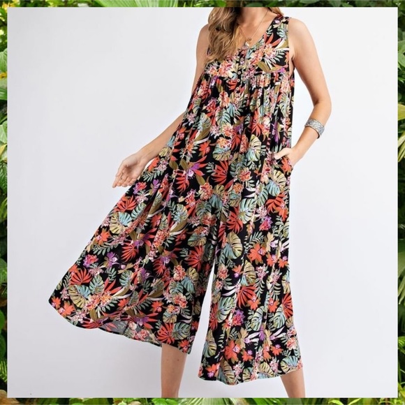 EASEL "Tropical Vibes" Lightweight & Oversized V-Neck Sleeveless Romper Jumpsuit - Picture 10 of 16